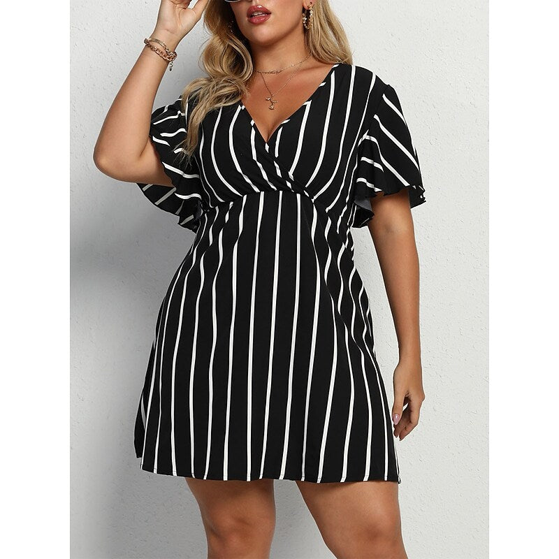 flowersverse Women's Plus Size Casual Dress A Line Dress Stripe Mini Dress Short Sleeve Print V Neck Fashion Outdoor ArmyGreen Black Spring Summer L XL XXL 3XL 4XL