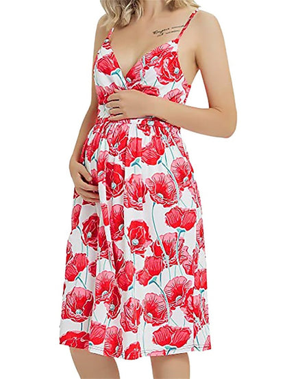 flowersverse Women‘s Baby Shower Maternity Dress Casual Dress Floral Dress Slip Dress Floral Midi Dress Sleeveless Backless Print Strap Basic Holiday Red Light Sky Blue Spring Summer S M L XL XXL