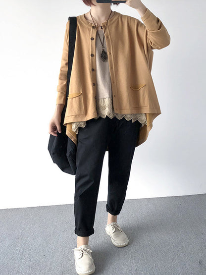 flowersverse Casual Loose Buttoned 8 Colors High-Low Round-Neck Long Sleeves Cardigan Tops