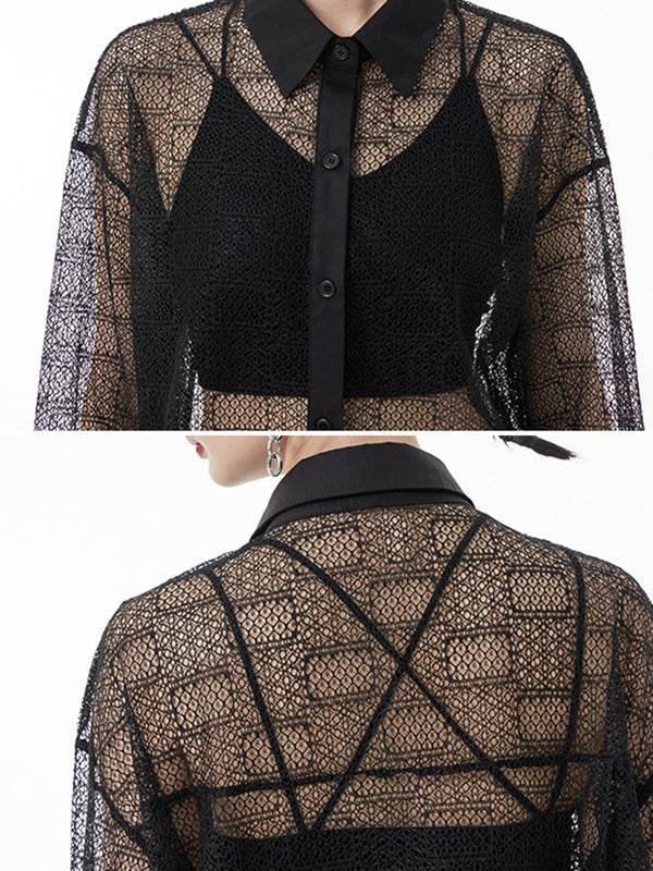 flowersverse Lacy See-Through Solid Color Long Sleeves Loose Lapel Blouses&shirts Tops