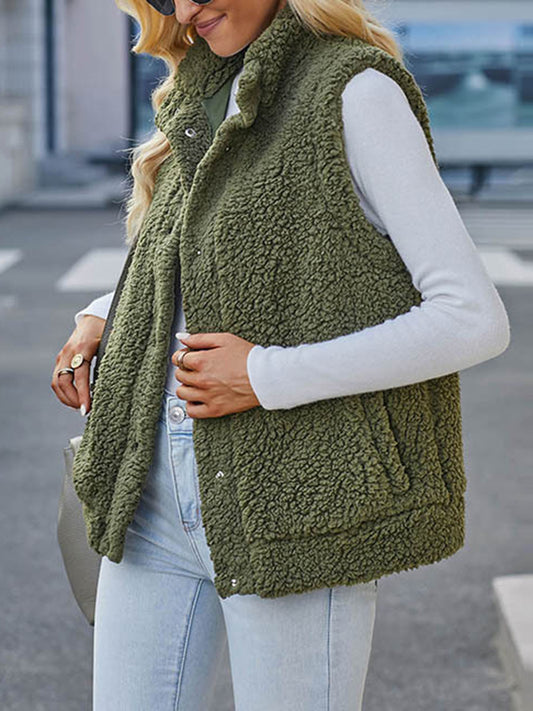 flowersverse Solid Color Loose Sleeveless Stand Collar Vest Outerwear