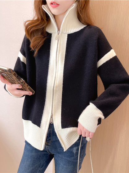 flowersverse Casual Long Sleeves Contrast Color Zipper Stand Collar Cardigan Tops