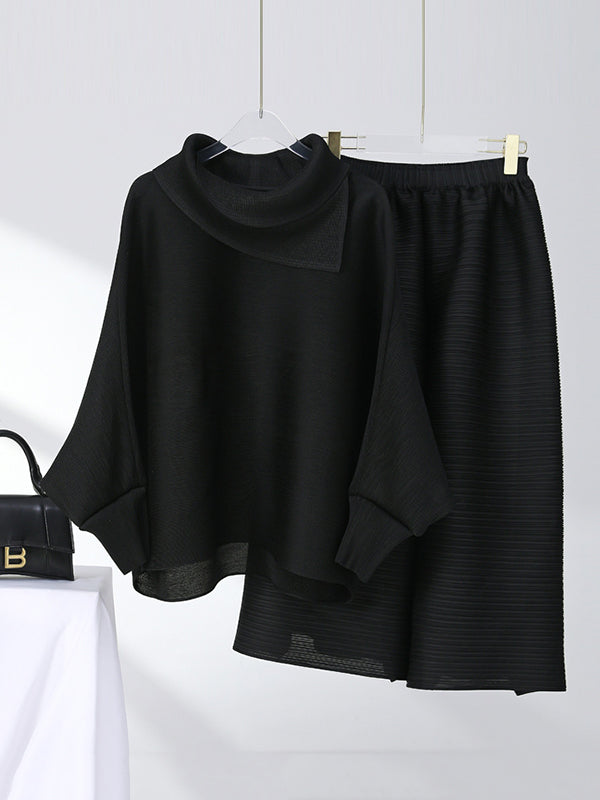 flowersverse Simple Loose Long Sleeves Pleated Solid Color High-Neck T-Shirt Top&Wide Legs Pants Two Pieces Set