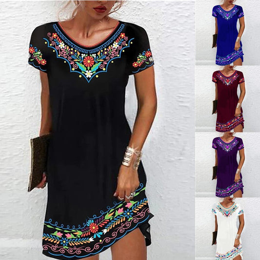 flowersverse Summer Hemp Blended Mid-waist Printed Urban Casual Short-sleeved Dress