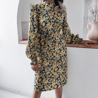 flowersverse Floral Stand Collar Lantern Long Sleeve Chiffon Dress