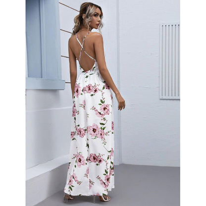 flowersverse Sexy Temperament Dress With White Chiffon Print Suspenders