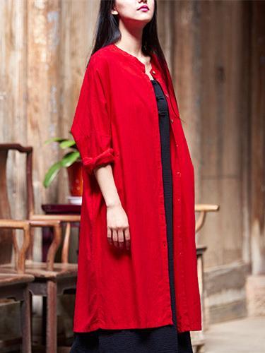 flowersverse Soft Red Ramie Cotton Linen Cover-up Cardigan