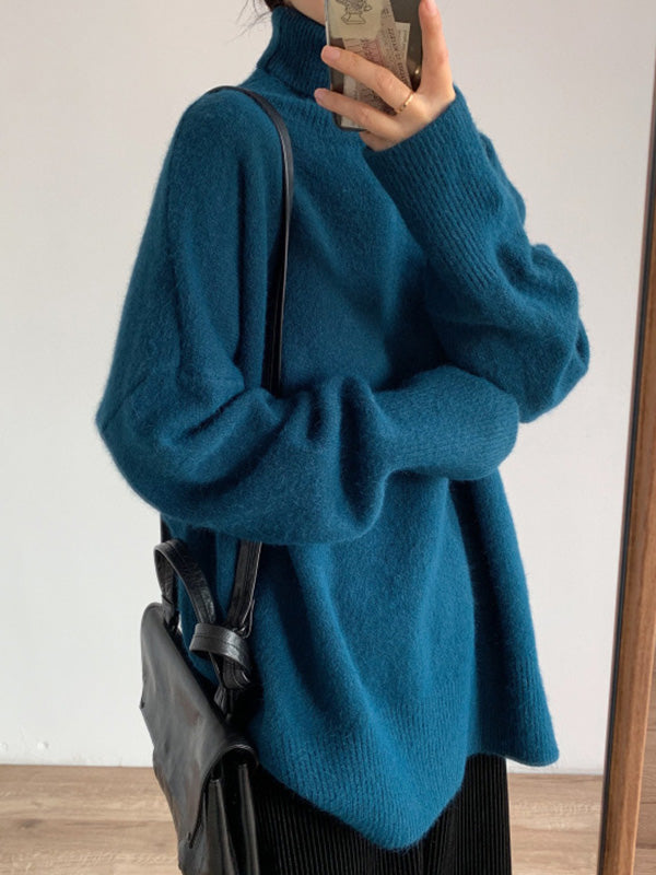 flowersverse Solid Color Split-Side Long Sleeves Loose High-Neck Sweater Tops Pullovers Knitwear