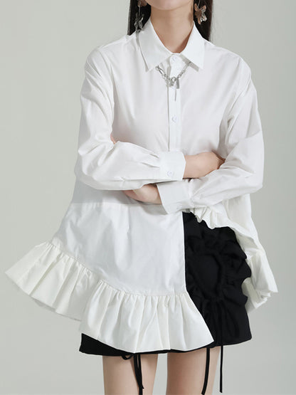 flowersverse Asymmetric Solid Color Cropped Long Sleeves Lapel Blouses&shirts Tops