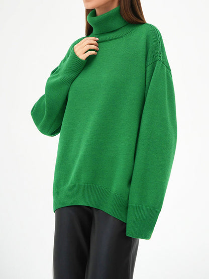 flowersverse Solid Color Long Sleeves Loose High Neck Sweater Tops Pullovers Knitwear