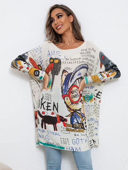 flowersverse Casual Long Sleeves Loose Cartoon Printed Contrast Color Round-Neck Sweater Tops