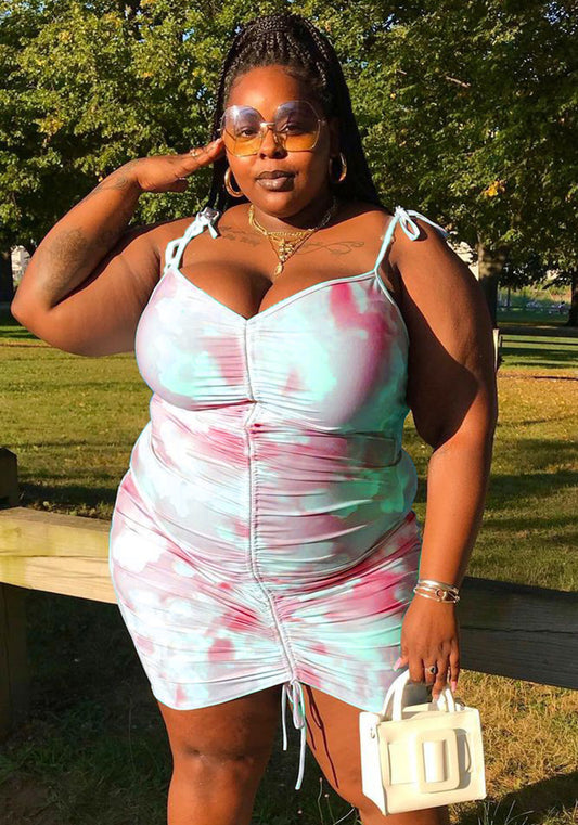 flowersverse Plus Size Lace-Up Tie Dye Drawstring Sexy Print V-Neck Low Back Dress