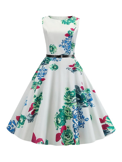 flowersverse Women's Elegant Retro Swing Dress Midi Dress Party Daily With Belt Print Floral Crew Neck Sleeveless Regular Fit Spring Summer  White Red S M L XL