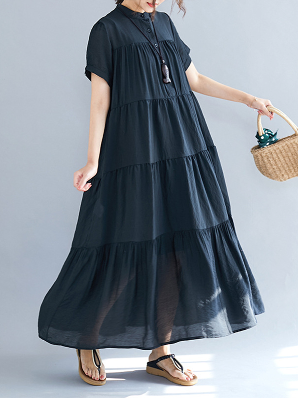 flowersverse Vintage Loose Split-Joint Pleated Short Sleeves Round-Neck Midi Dress