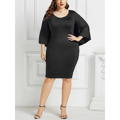 flowersverse Women's Plus Size Work Dress Bodycon Sheath Dress Solid Color Midi Dress 3/4 Length Sleeve Crew Neck Basic Office Black White Spring Summer L XL XXL 3XL