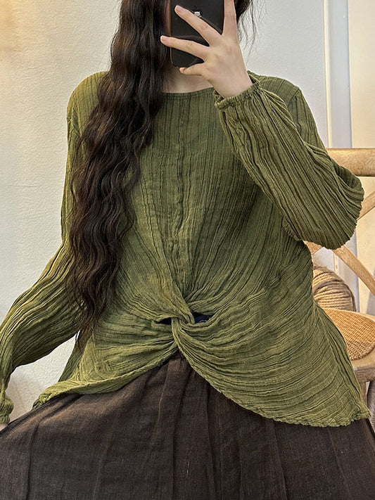 flowersverse Pleated Solid Color Long Sleeves Loose Round-neck Blouses&shirts Tops