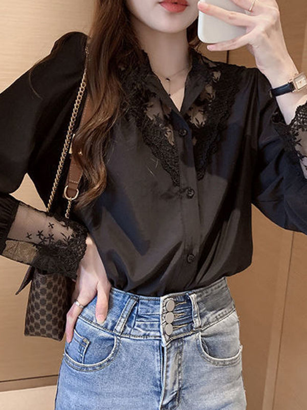 flowersverse Urban Black White Lace Split-Joint Hollow Blouse