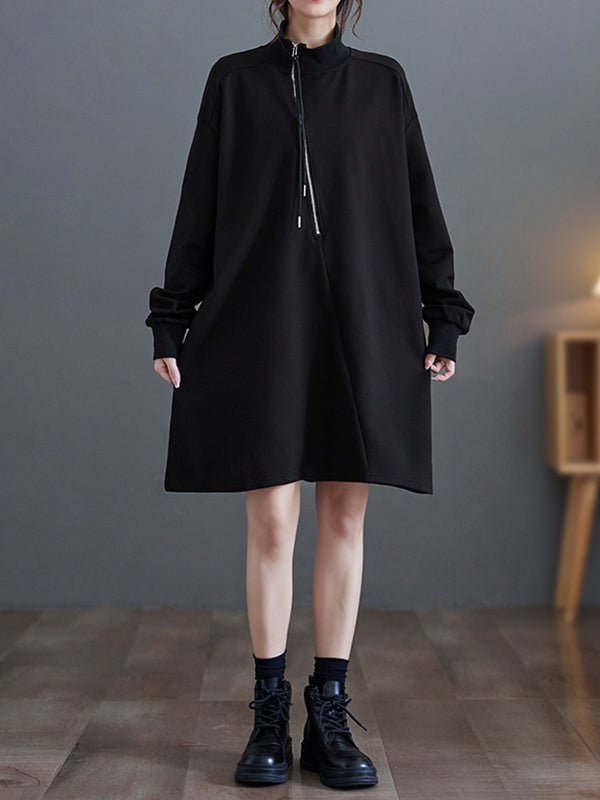 flowersverse A-Line Long Sleeves Asymmetric Split-Joint Zipper Mock Neck Mini Dresses Sweatershirt