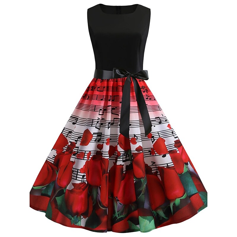 flowersverse Women's Elegant Retro Swing Dress Midi Dress Party Outdoor Patchwork Bow Floral Crew Neck Sleeveless Regular Fit Spring Summer  Red S M L XL