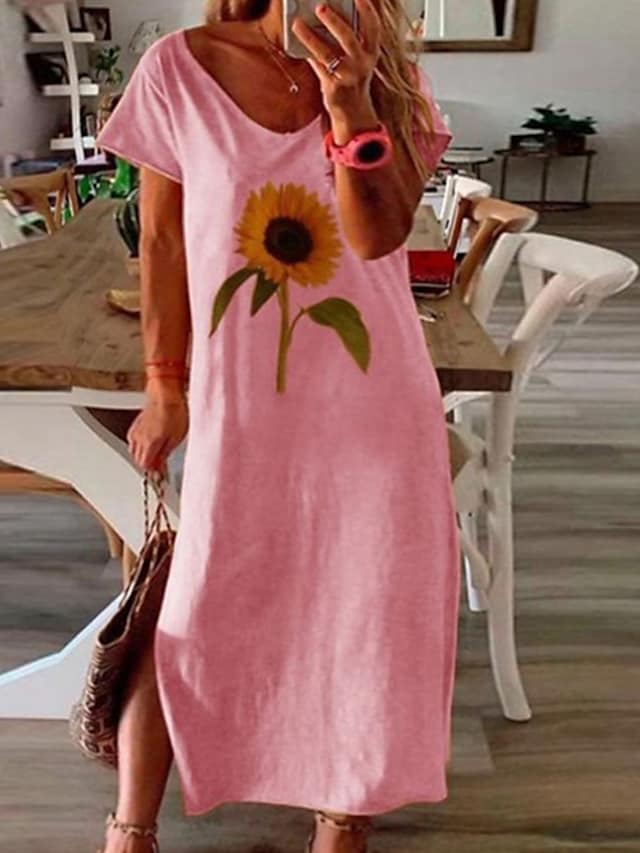 flowersverse Women's Plus Size Casual Dress Floral Crew Neck Print Short Sleeve Spring Summer Casual Maxi long Dress Daily Holiday Dress