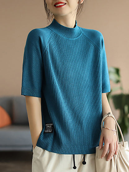 flowersverse Simple Long Sleeves Loose Solid Color High-Neck Sweater Tops