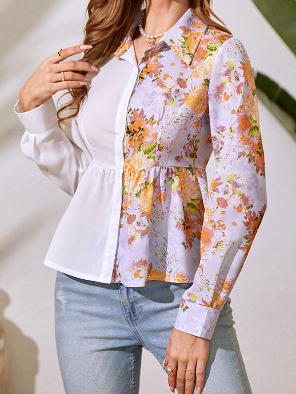 flowersverse Asymmetric Flower Print Split-Joint Wrap Shirts Tops Blouses&shirts Tops