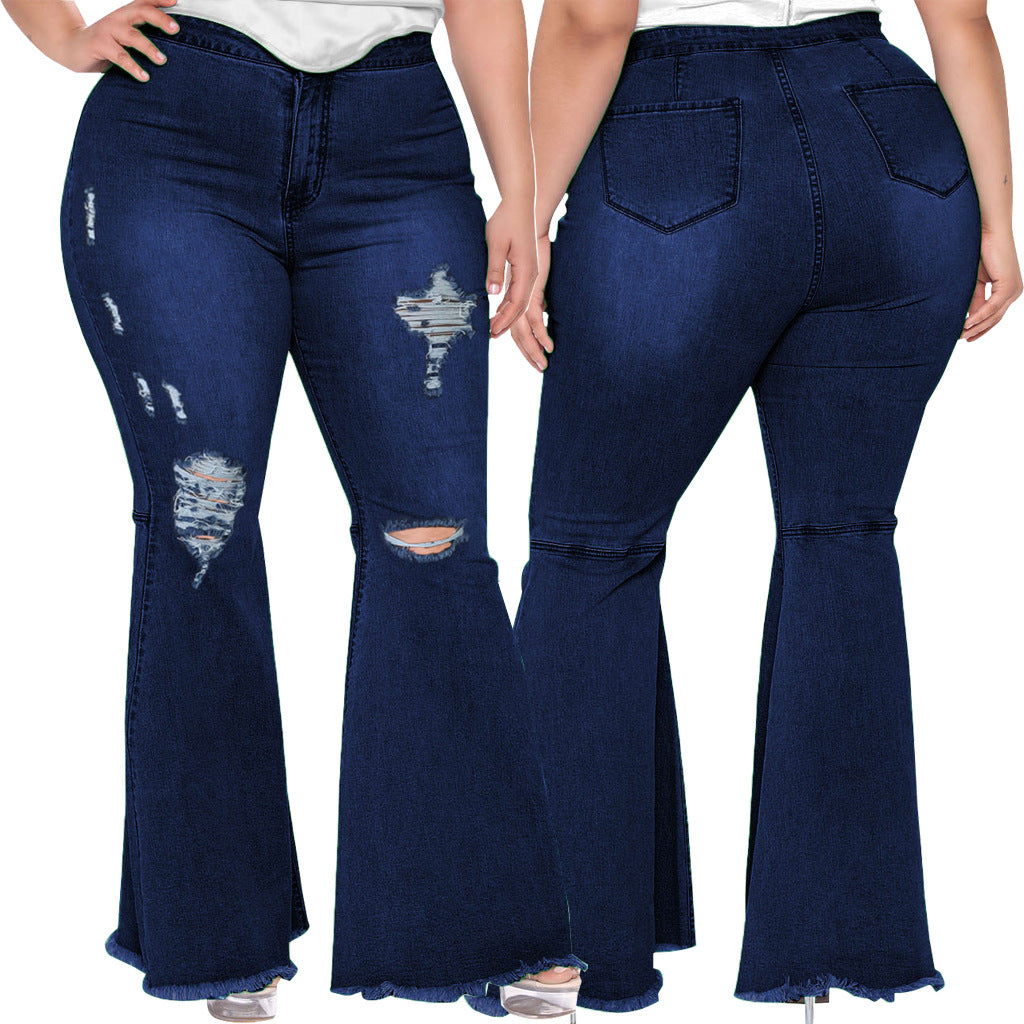 flowersverse Trendy Slim Wide Leg Ripped Plus Size Bell Bottom Denim Pants