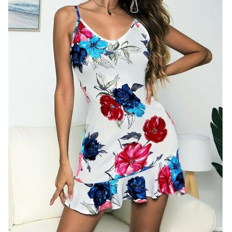 flowersverse Women Floral Boho Strappy Sleeveless Stretchy Package Hip Bodycon Dress Summer Holiday Beach Mini Short Dress