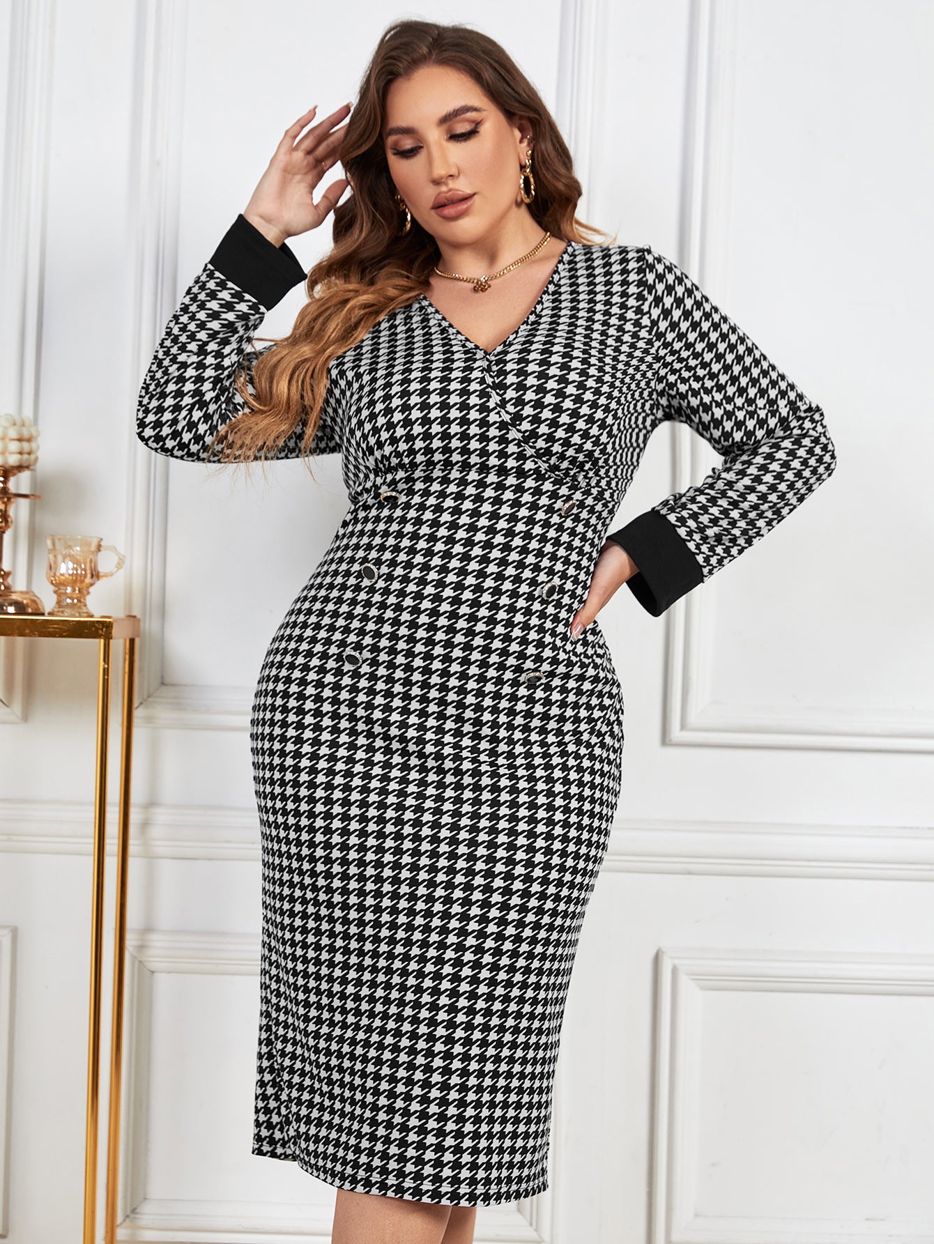 flowersverse Chic Casual V-Neck Houndstooth Contrasting Color Long-Sleeved Women's Dress