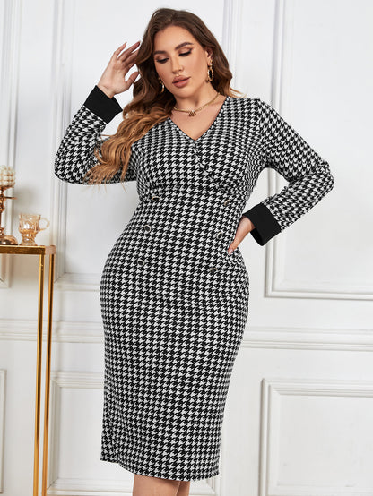 flowersverse Chic Casual V-Neck Houndstooth Contrasting Color Long-Sleeved Women's Dress