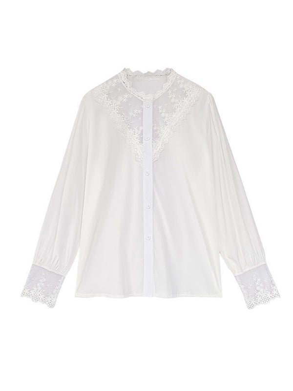 flowersverse Urban Black White Lace Split-Joint Hollow Blouse