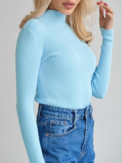 flowersverse Solid Color Split-Joint Long Sleeves Skinny High Neck Sweater Tops