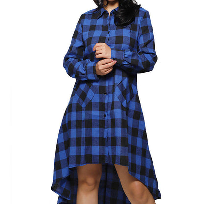 flowersverse Casual Pocket Long Midi Dress Sleeve Plaid Shirt Irregular Coat