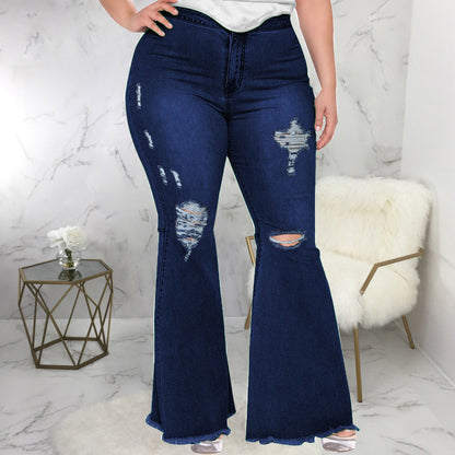 flowersverse Trendy Slim Wide Leg Ripped Plus Size Bell Bottom Denim Pants