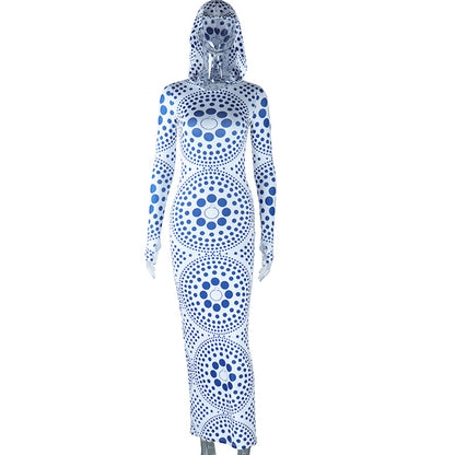 flowersverse Women Fashion Polka Dot Print Hooded Long Sleeve Street Trendy Bodycon Slim Dress