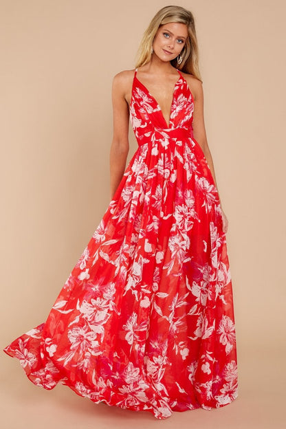 flowersverse European and American Deep V-Neck Back Chiffon Dress