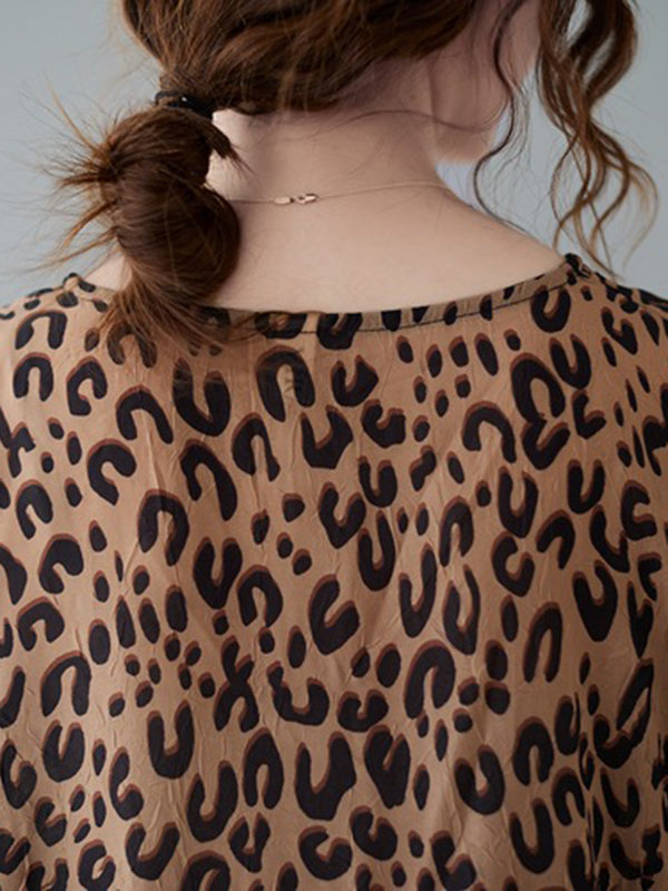 flowersverse Leopard Half Sleeves Loose V-neck T-Shirts Tops Blouses&shirts Tops