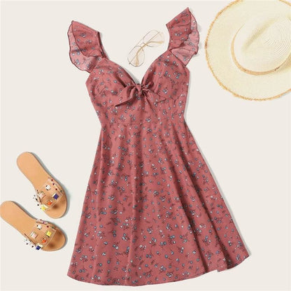 flowersverse Boho Ditsy Floral Knot Neck Ruffle Trim Summer Dress