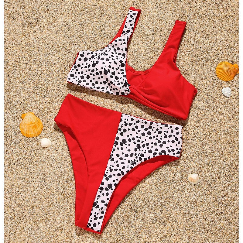 flowersverse Women's Swimwear Bikini Normal Swimsuit 2 Piece Printing Polka Dot Color Block Pink Red Blue Bathing Suits Sports Summer