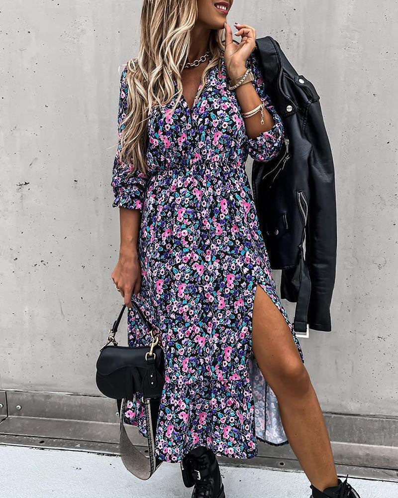 flowersverse Fashion Floral Slim V-neck Printed Split Long Dress