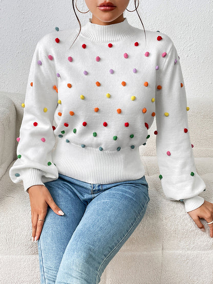 flowersverse Pompom Triming Long Sleeves Loose Round-Neck Sweater Tops Pullovers Knitwear