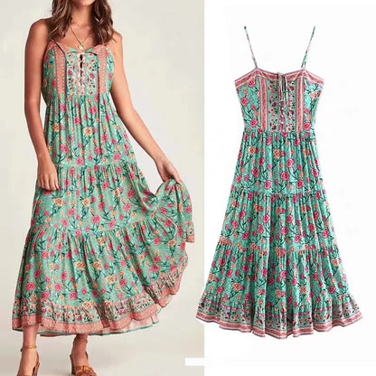 flowersverse Bohemian Long Sling Floral High Waist Dress Girl