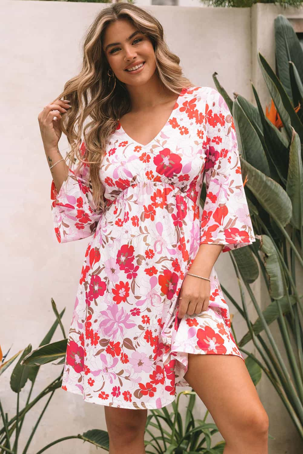 flowersverse Orange V Neck 3/4 Sleeve Floral Dress