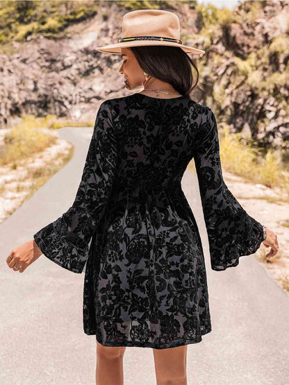 flowersverse Floral V-Neck Flare Sleeve Mini Dress