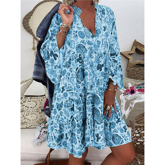 flowersverse Women's Plus Size Casual Dress Shift Dress Floral Dress Floral Mini Dress 3/4 Length Sleeve Ruched Ruffle V Neck Fashion Daily White Yellow Spring Summer L XL XXL 3XL 4XL