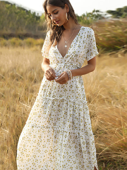 flowersverse Falbala Empire Short Sleeves Midi Dresses