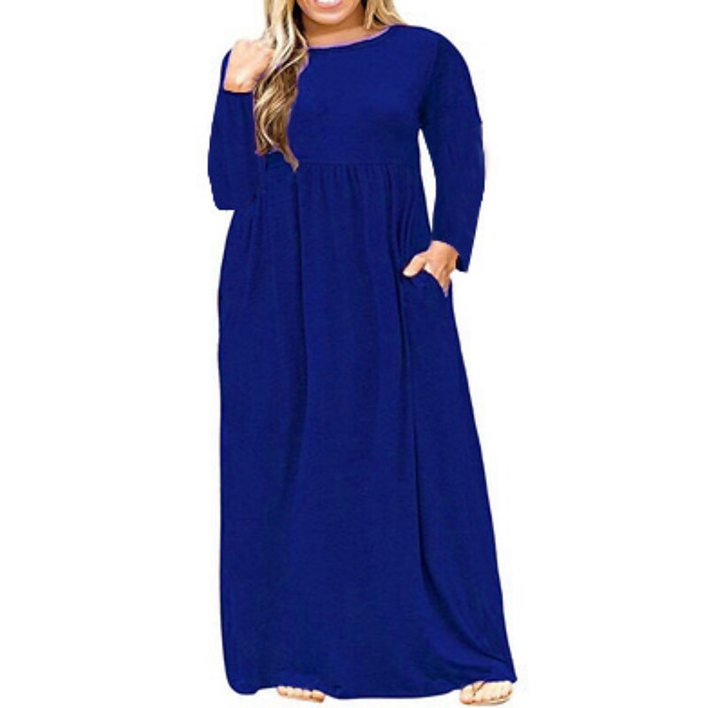 flowersverse Women's Plus Size Casual Dress T Shirt Dress Tee Dress Solid Color Long Dress Maxi Dress Long Sleeve Pocket Crew Neck Classic Daily Navy Blue Orange Winter Fall L XL 3XL 4XL 5XL