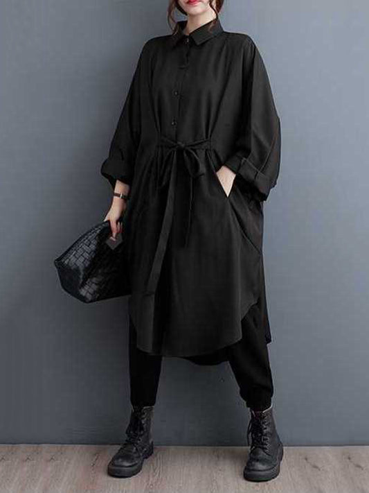 flowersverse Buttoned Pleated Solid Color Split-Joint Tied Batwing Sleeves Long Sleeves Lapel Outerwear Midi Dresses