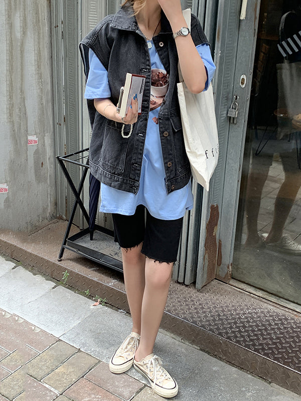 flowersverse Simple Split-Joint Solid Color Denim Vest Outerwear