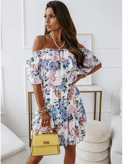 flowersverse Off-The-Shoulder Chiffon Print Commuter Waist Dress